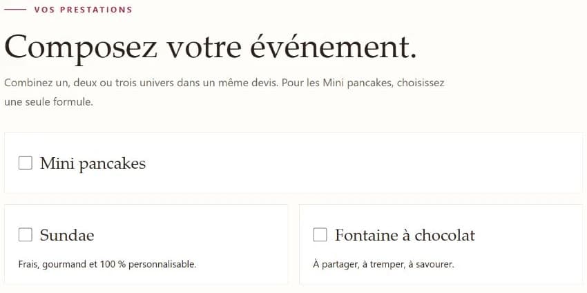 Interface réelle de sélection : mini pancakes, sundae et fontaine à chocolat