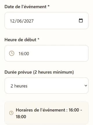 Détail mobile réel : date, heure, durée et horaires de l’événement