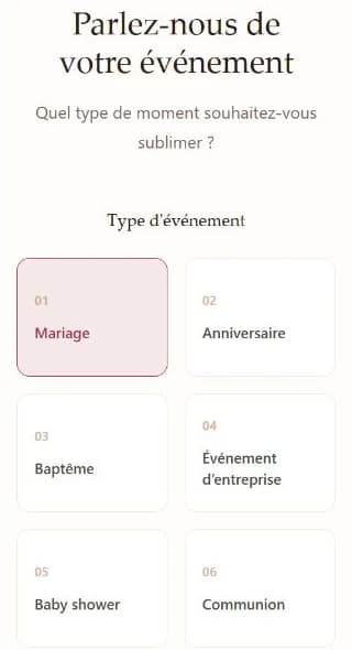 Choix réel du type d’événement et du nombre d’invités dans le devis Fluffy