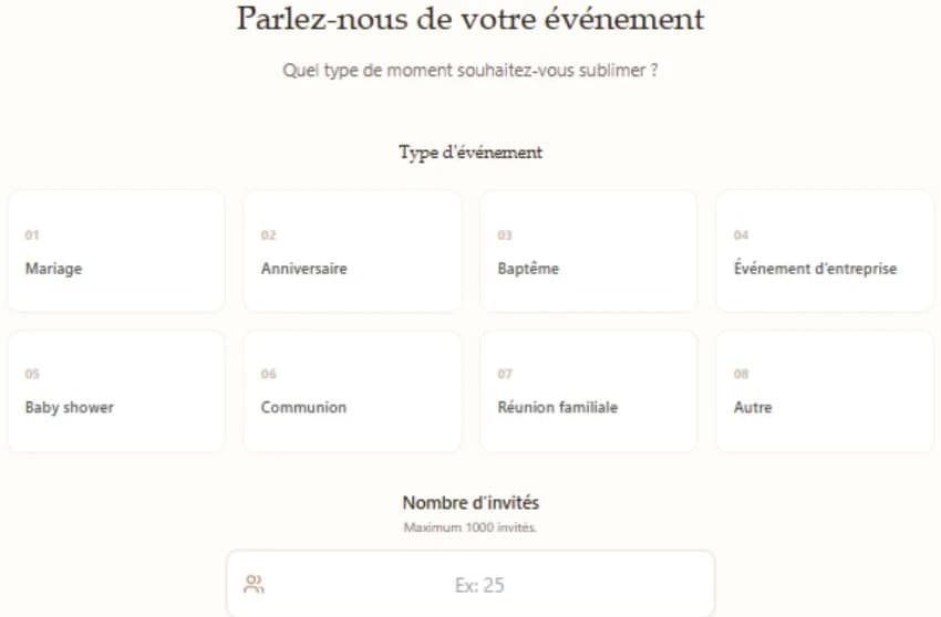 Choix réel du type d’événement et du nombre d’invités dans le devis Fluffy