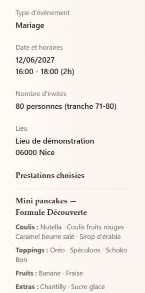 Récapitulatif réel d’un événement et de deux prestations, avec données de démonstration