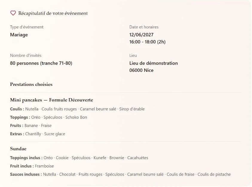 Récapitulatif réel d’un événement et de deux prestations, avec données de démonstration