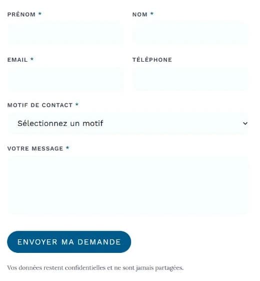Détail réel du formulaire Riviera Net : motif, message et action Envoyer ma demande